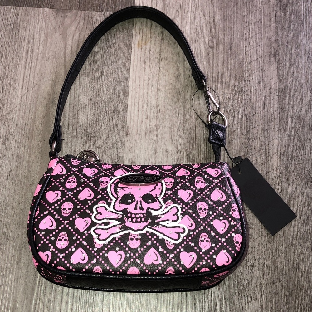 Ed Hardy Black & Pink Faux Leather Heart & Skull Shoulder Bag Wristlet NWT